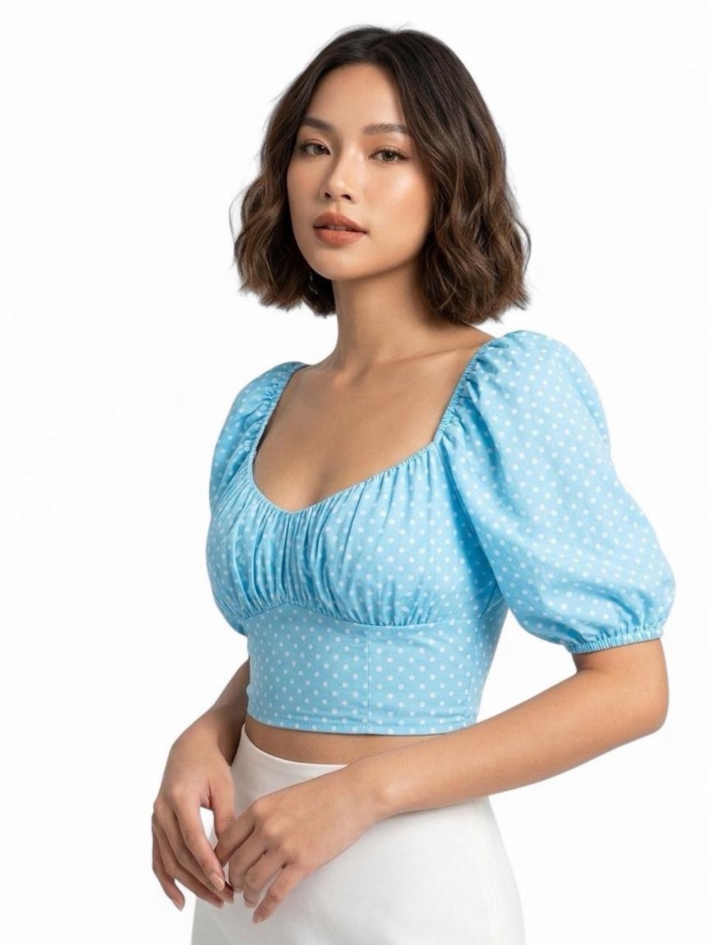 For Love & Lemons Blue Polka Dot Puff Sleeve Crop Top Smocked Back